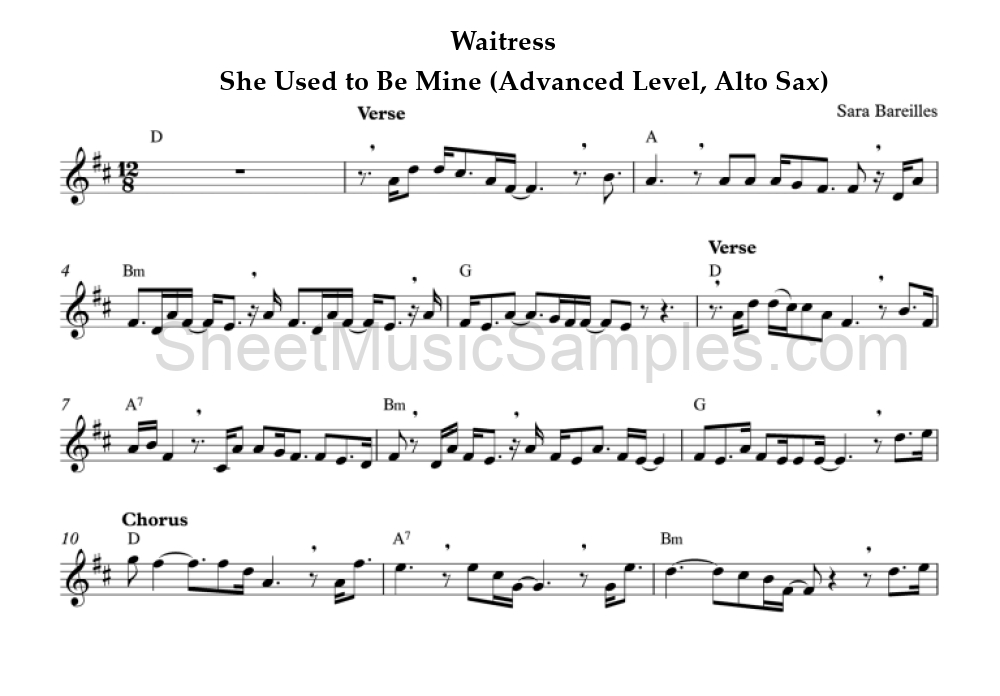 Waitress - She Used to Be Mine (Advanced Level, Alto Sax)