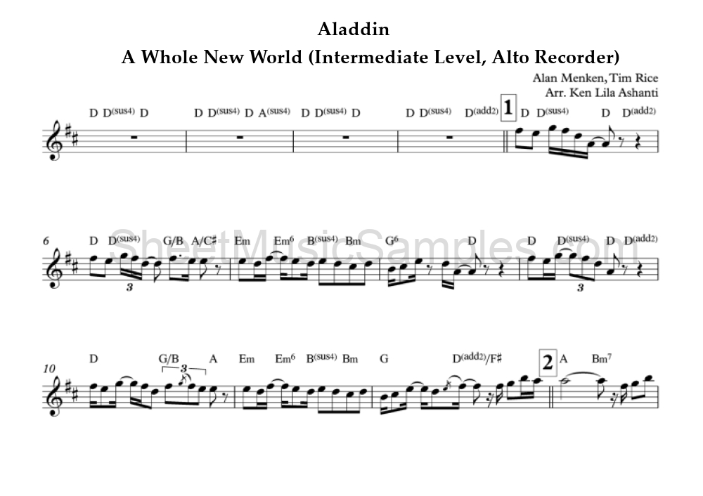 Aladdin - A Whole New World (Intermediate Level, Alto Recorder)