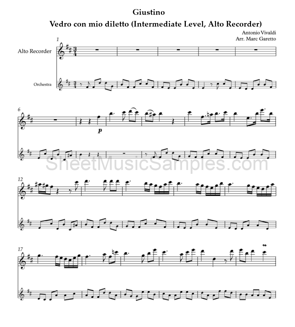 Giustino - Vedro con mio diletto (Intermediate Level, Alto Recorder)