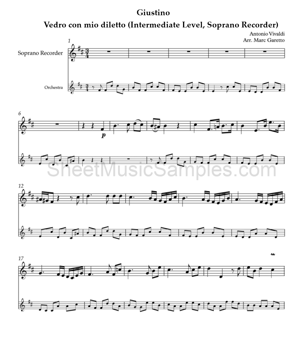 Giustino - Vedro con mio diletto (Intermediate Level, Soprano Recorder)