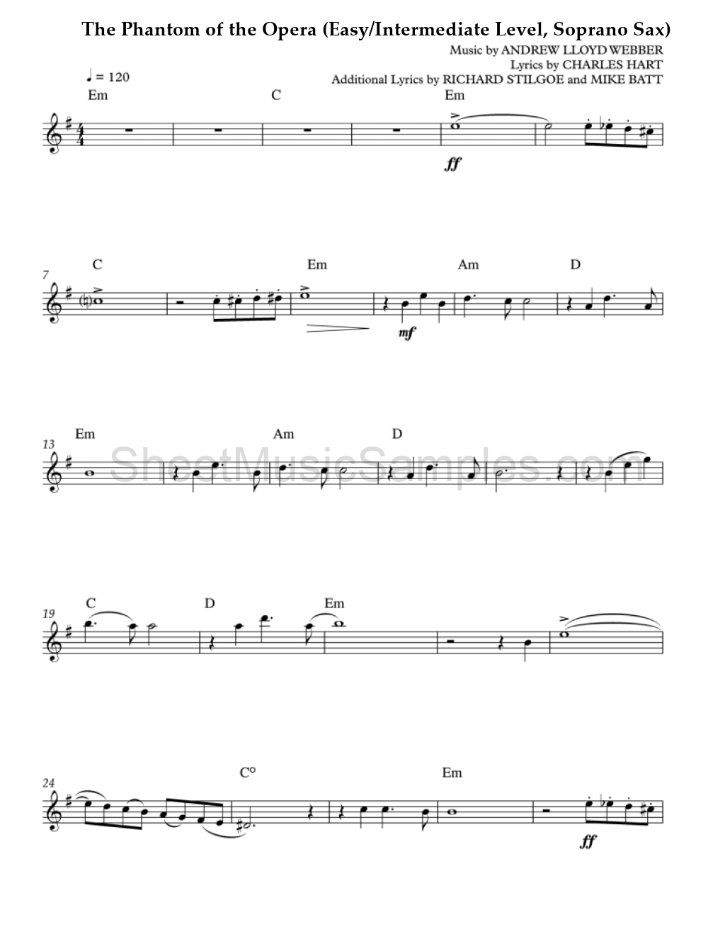 The Phantom of the Opera (Easy/Intermediate Level, Soprano Sax)