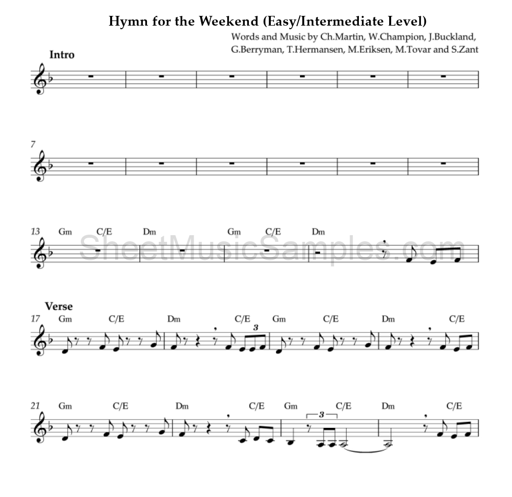 Hymn for the Weekend (Easy/Intermediate Level)