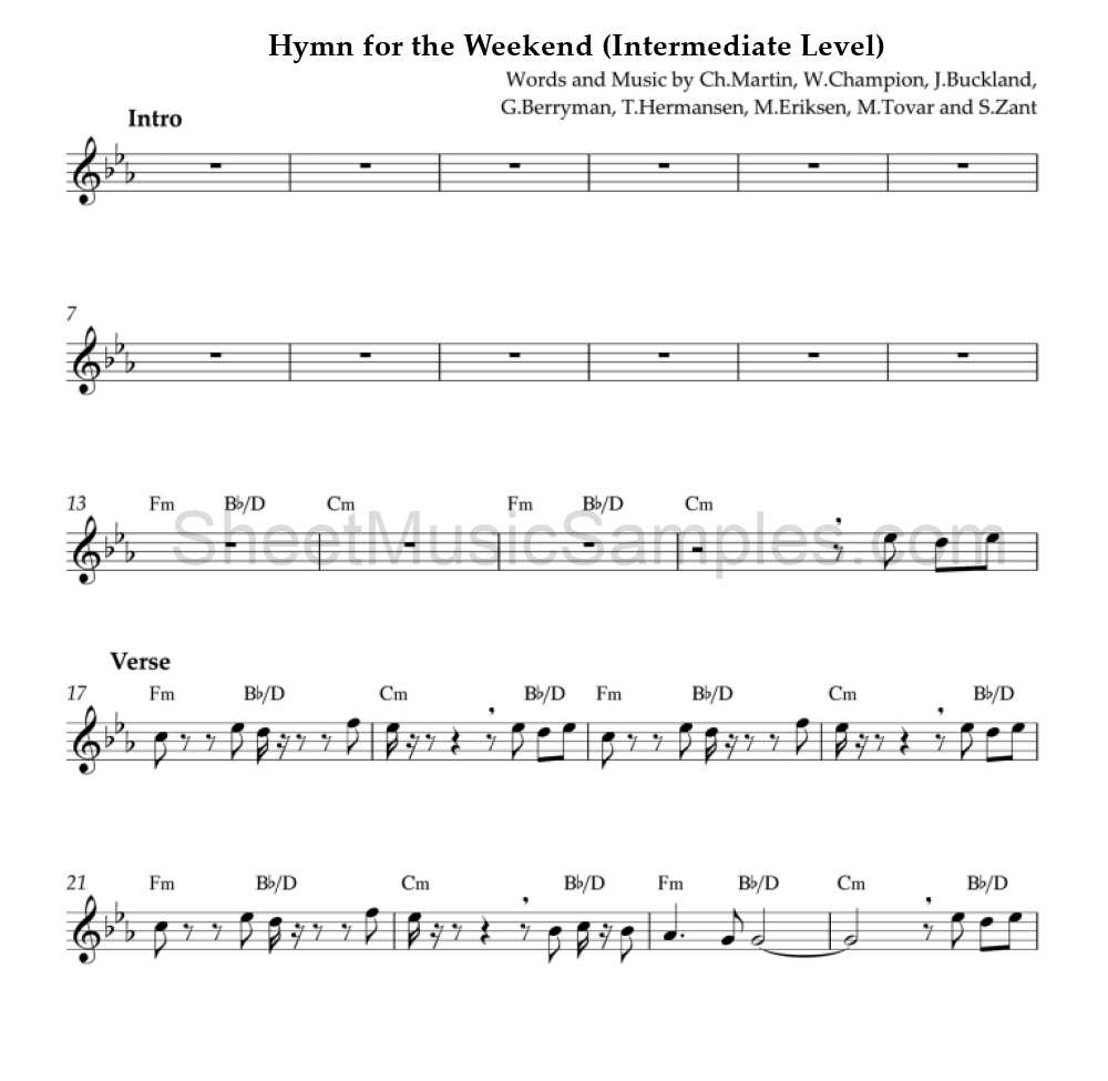 Hymn for the Weekend (Intermediate Level)