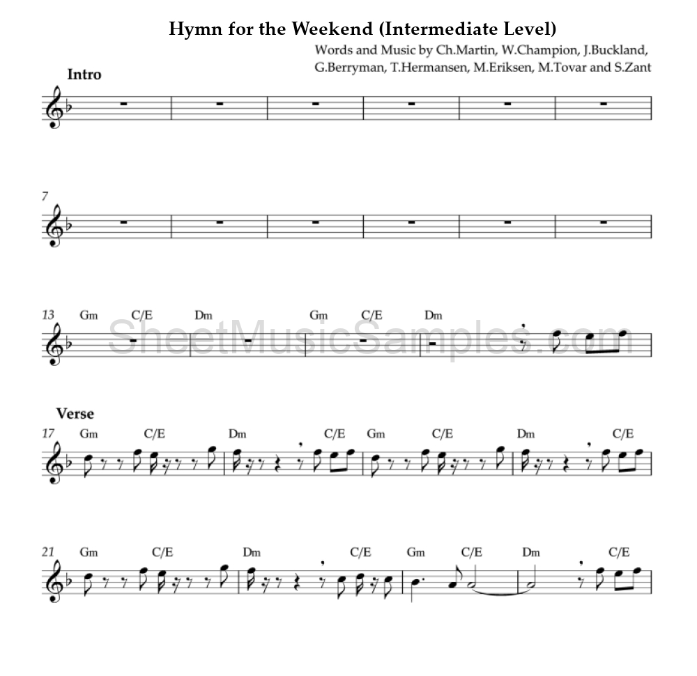 Hymn for the Weekend (Intermediate Level)