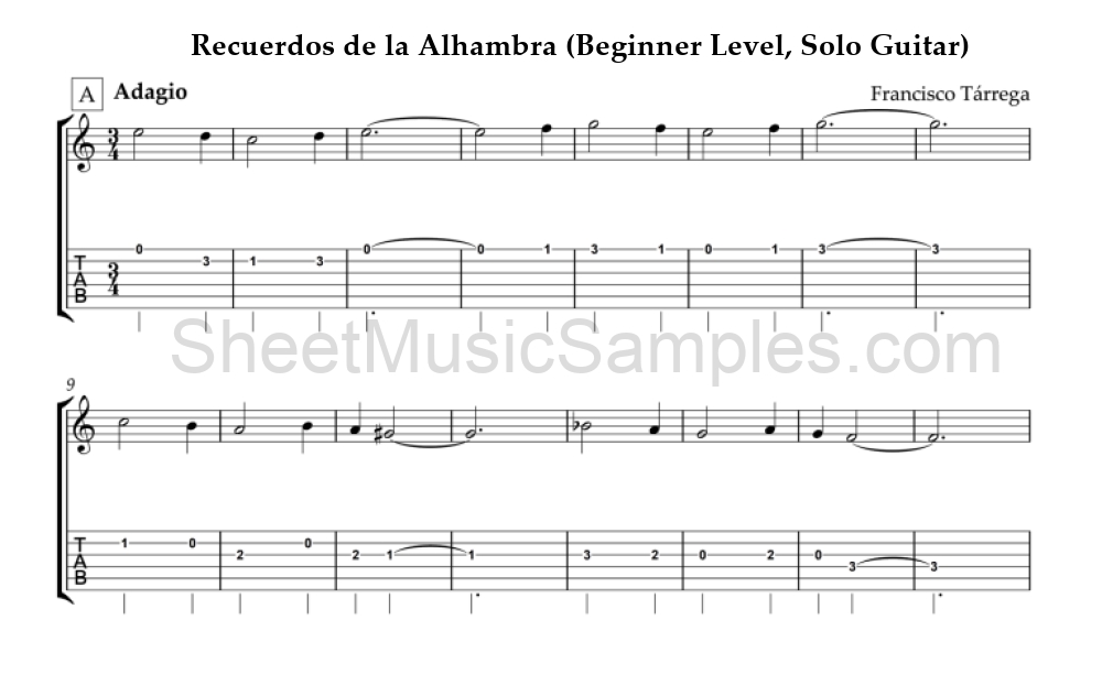 Recuerdos de la Alhambra (Beginner Level, Solo Guitar)