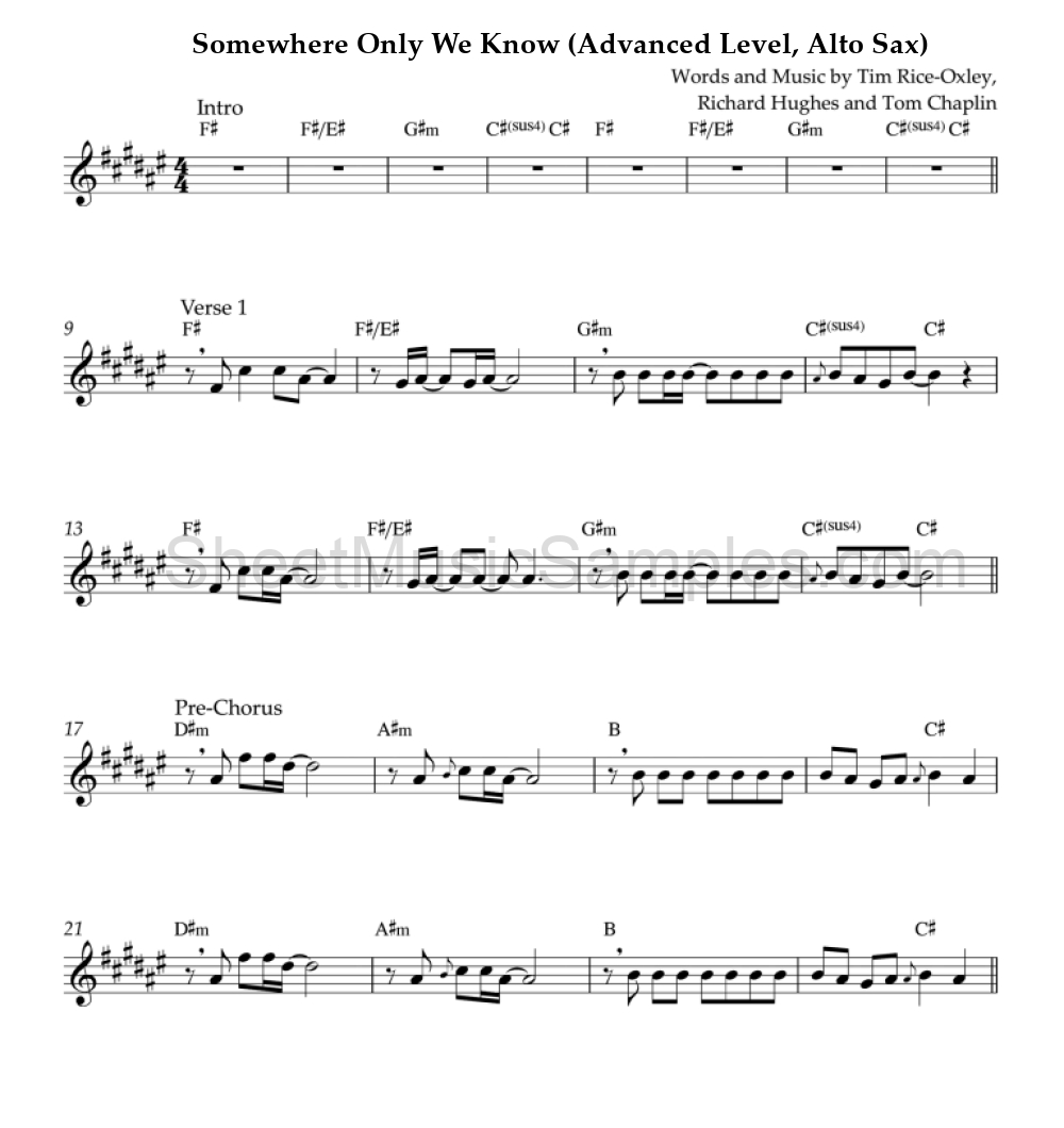 Somewhere Only We Know (Advanced Level, Alto Sax)