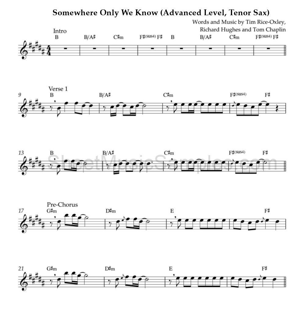 Somewhere Only We Know (Advanced Level, Tenor Sax)