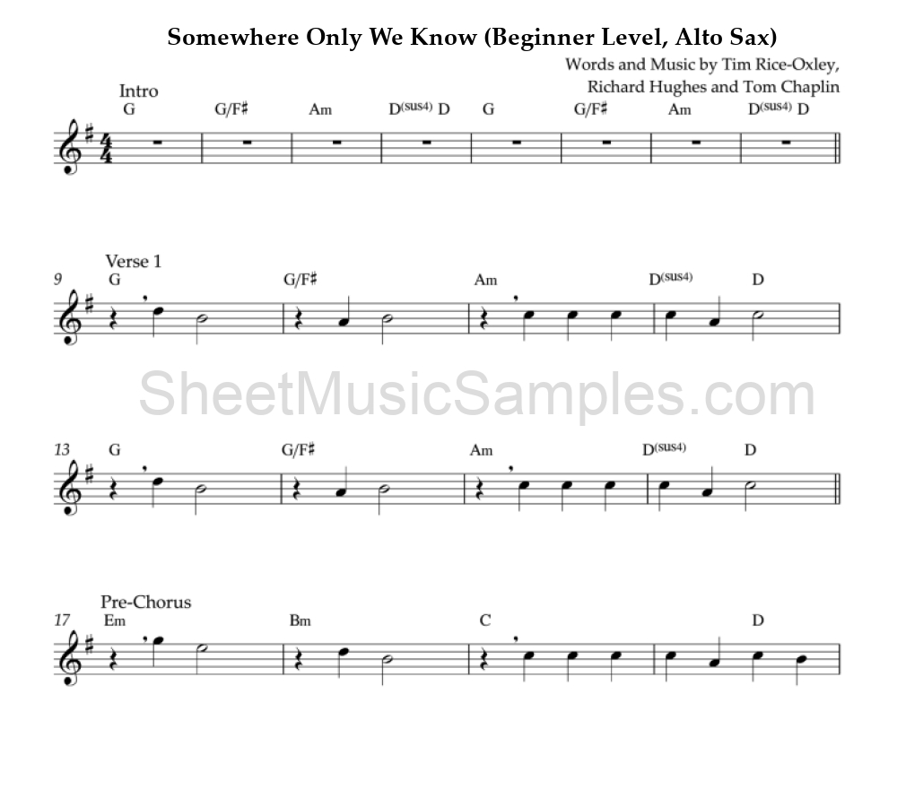 Somewhere Only We Know (Beginner Level, Alto Sax)