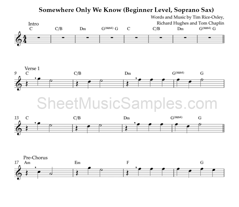 Somewhere Only We Know (Beginner Level, Soprano Sax)