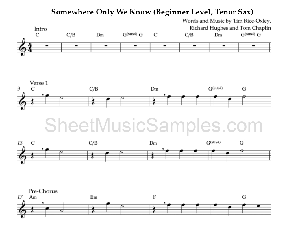 Somewhere Only We Know (Beginner Level, Tenor Sax)