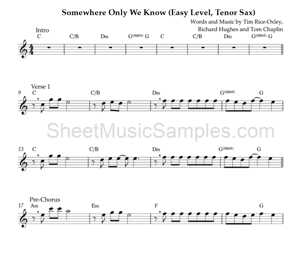 Somewhere Only We Know (Easy Level, Tenor Sax)