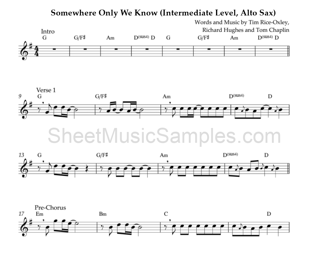 Somewhere Only We Know (Intermediate Level, Alto Sax)