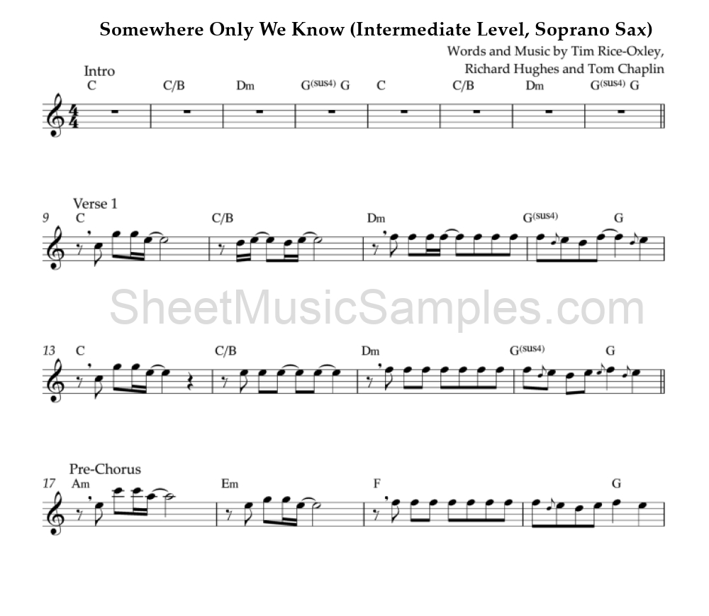 Somewhere Only We Know (Intermediate Level, Soprano Sax)