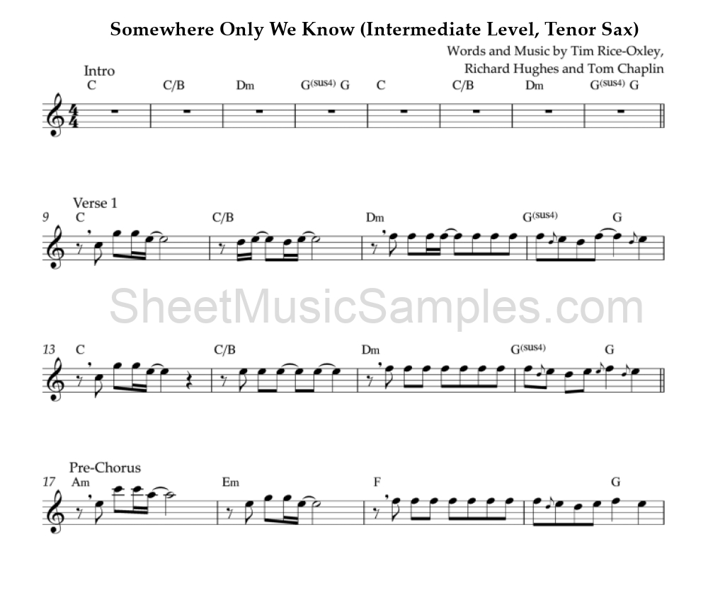 Somewhere Only We Know (Intermediate Level, Tenor Sax)