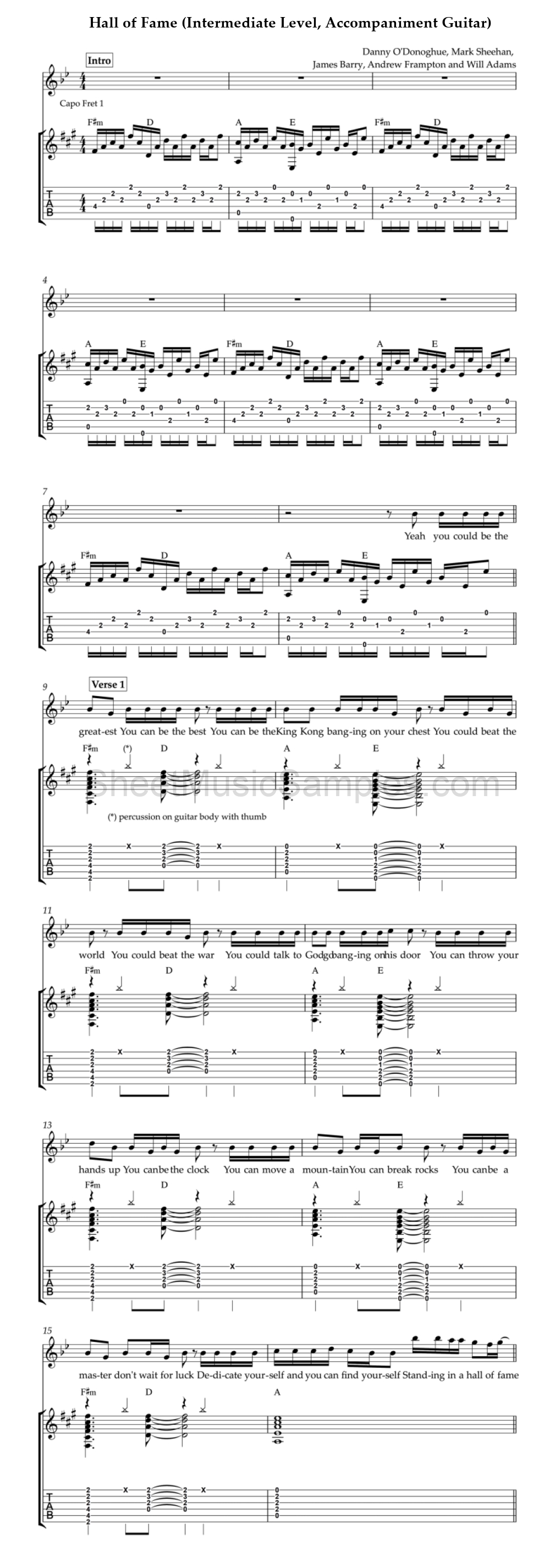 Hall of Fame (Intermediate Level, Accompaniment Guitar)