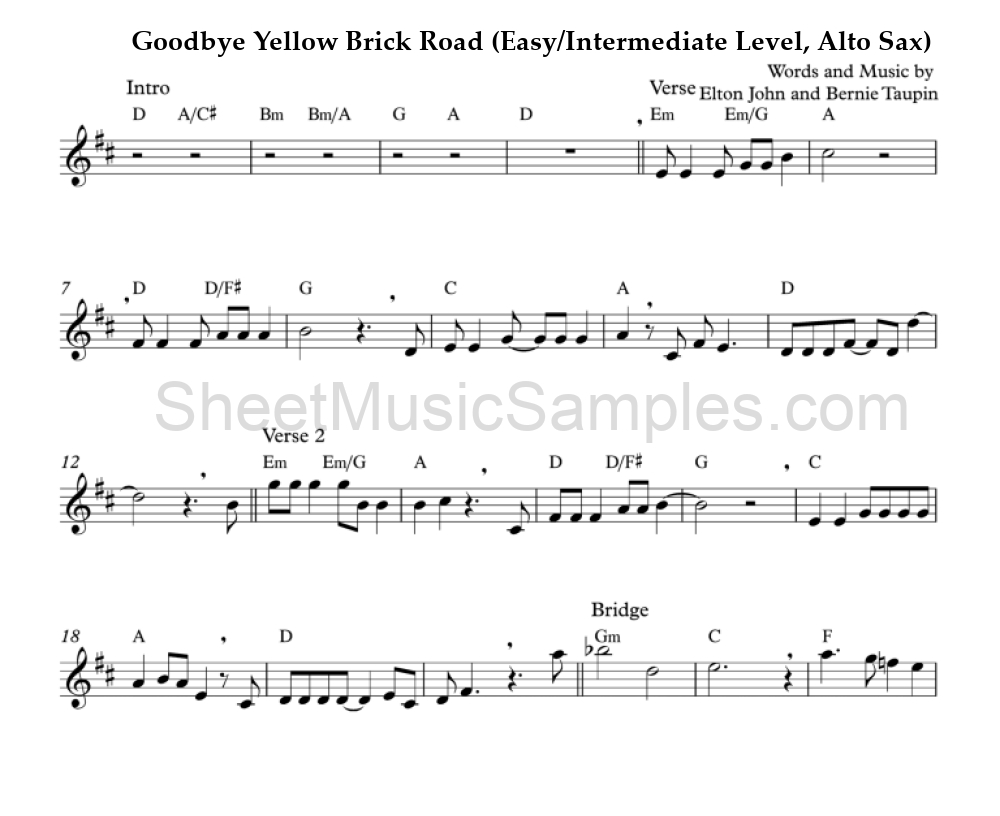 Goodbye Yellow Brick Road (Easy/Intermediate Level, Alto Sax)