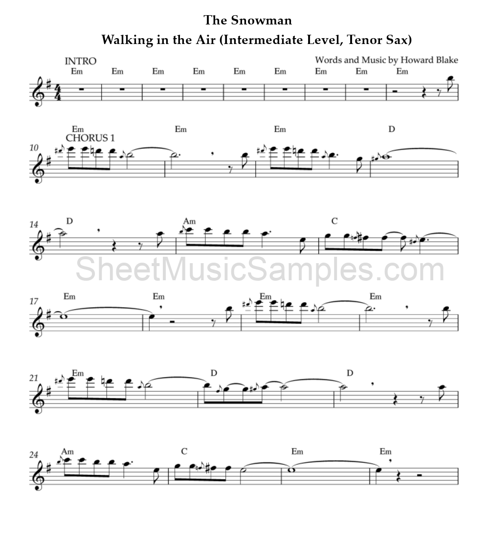 The Snowman - Walking in the Air (Intermediate Level, Tenor Sax)