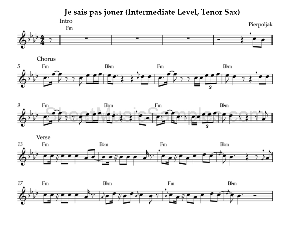 Je sais pas jouer (Intermediate Level, Tenor Sax)