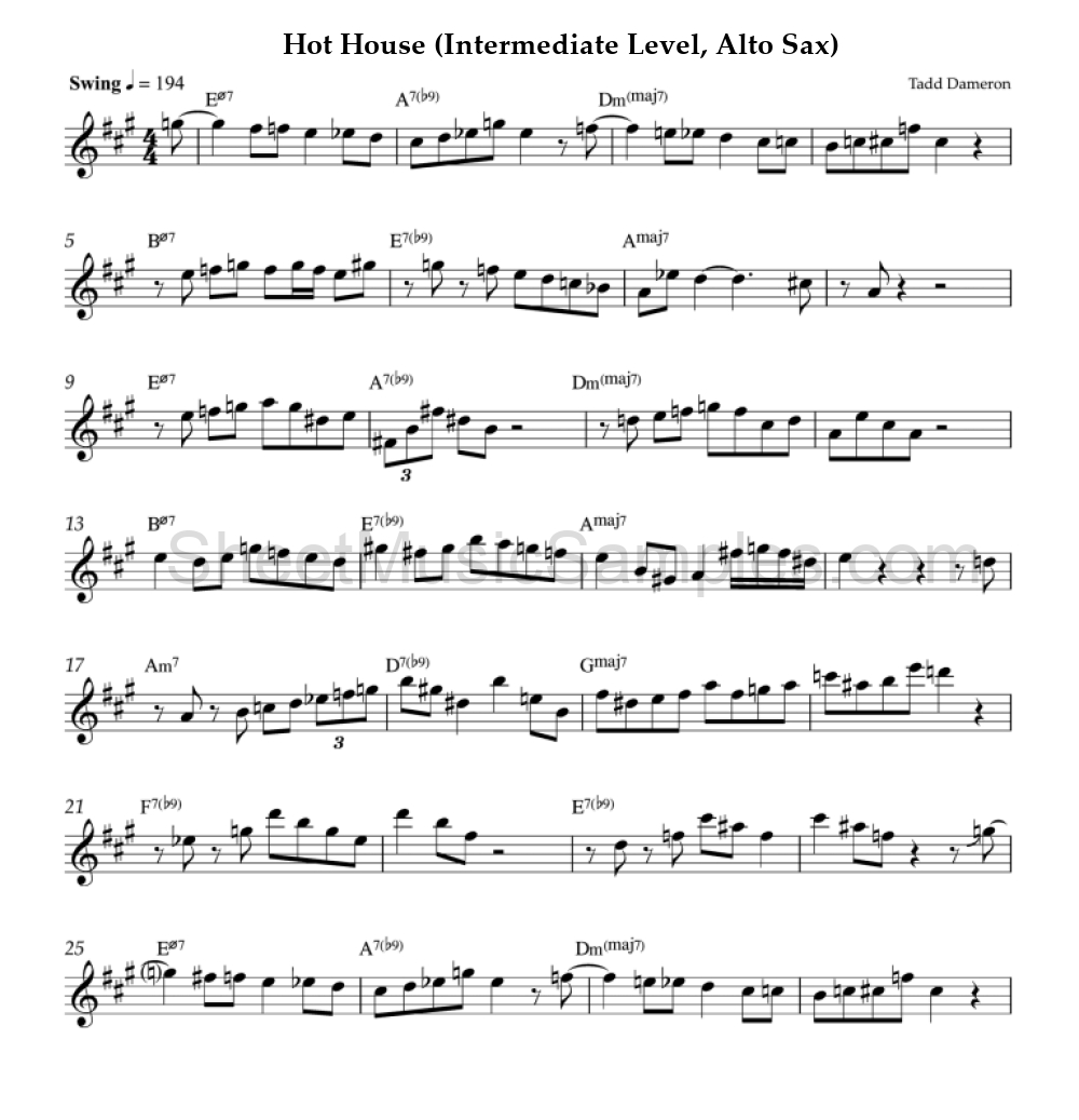 Hot House (Intermediate Level, Alto Sax)