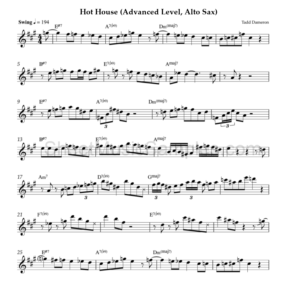 Hot House (Advanced Level, Alto Sax)