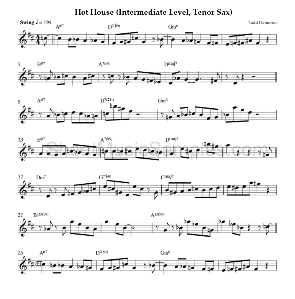 Hot House (Intermediate Level, Tenor Sax)