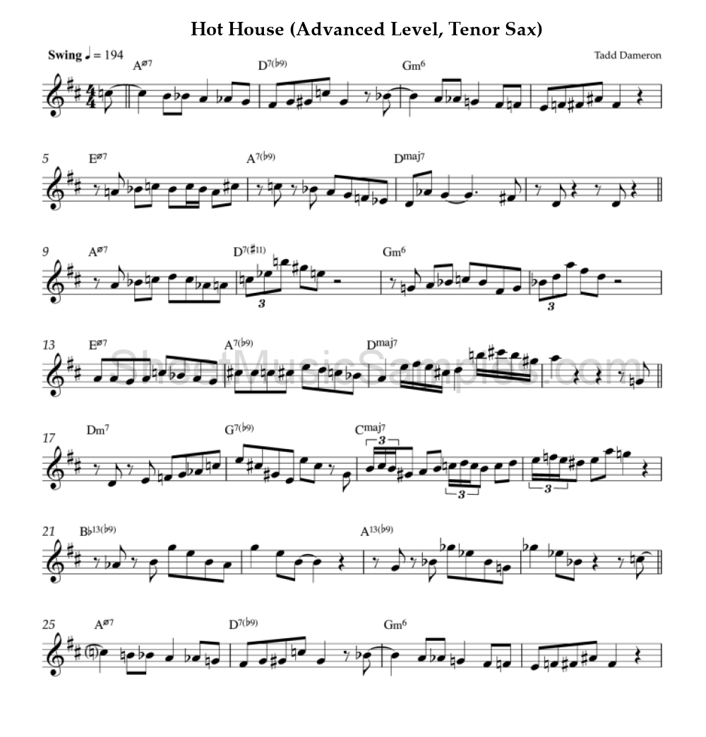 Hot House (Advanced Level, Tenor Sax)