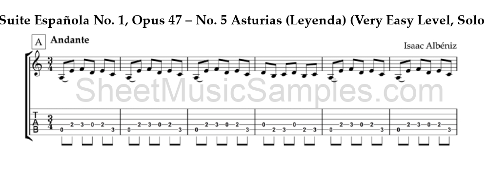 Suite Española No. 1, Opus 47 – No. 5 Asturias (Leyenda) (Very Easy Level, Solo Guitar)