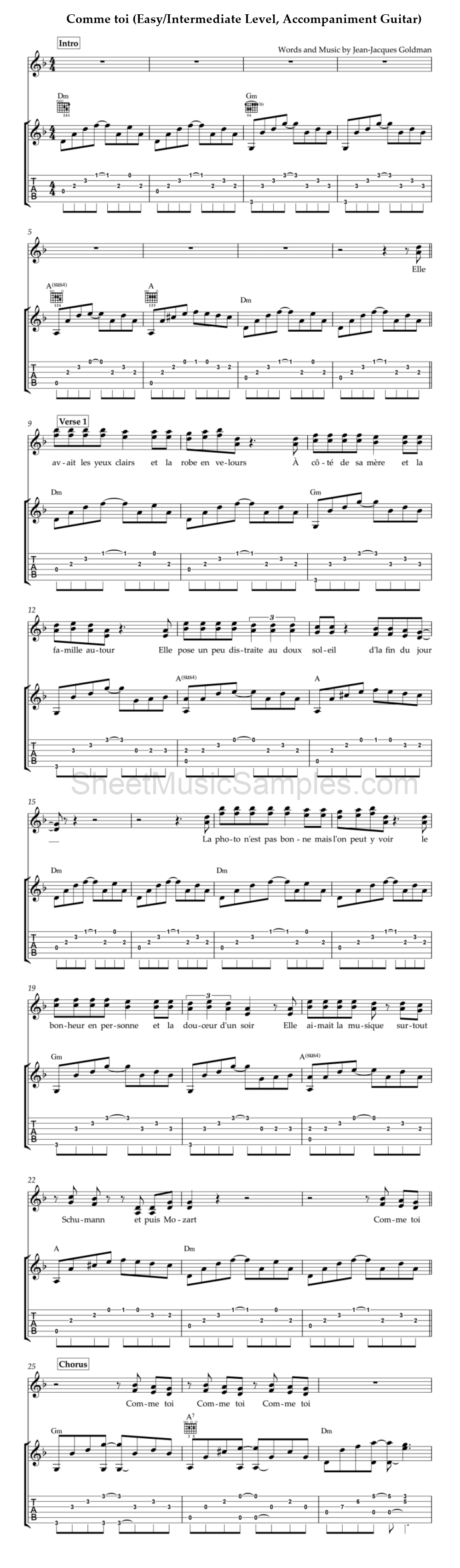 Comme toi (Easy/Intermediate Level, Accompaniment Guitar)