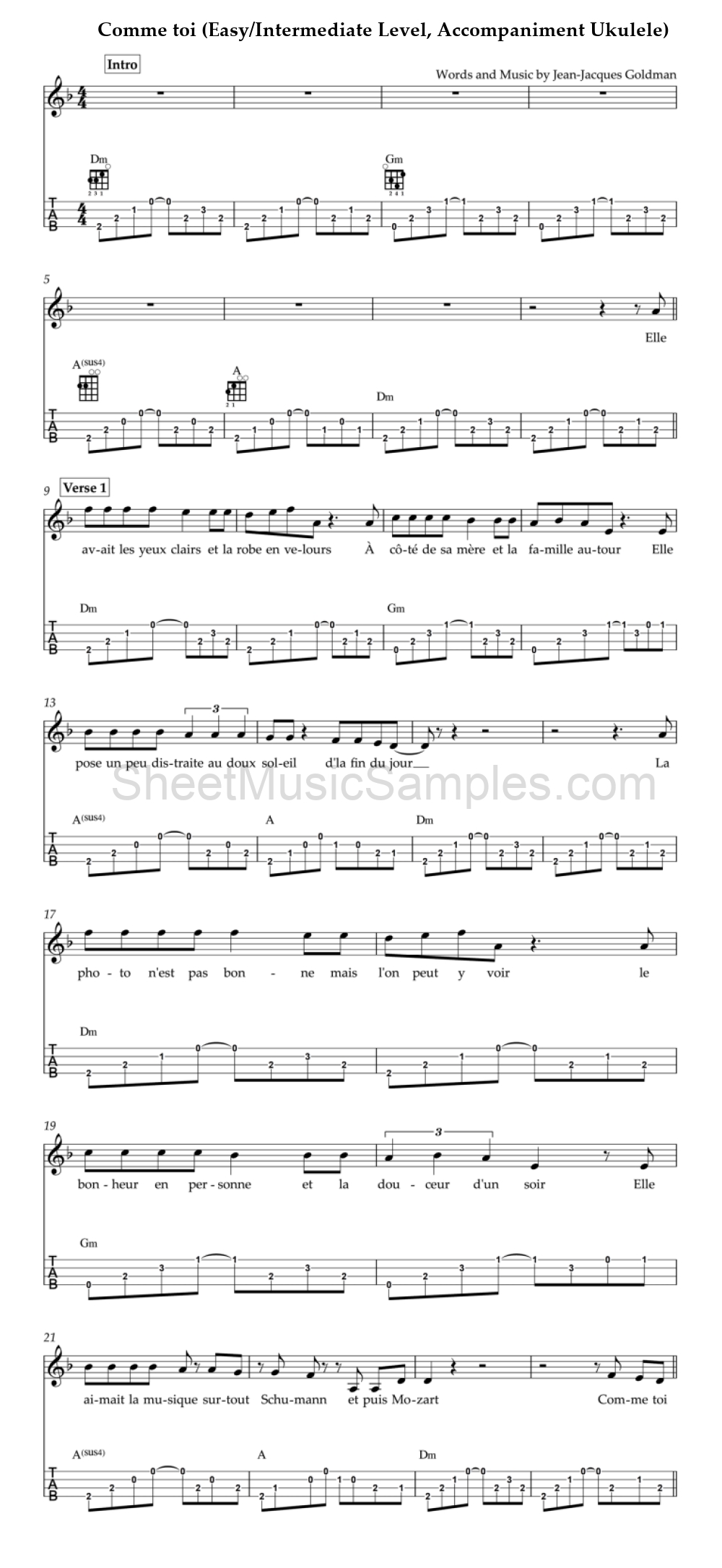 Comme toi (Easy/Intermediate Level, Accompaniment Ukulele)