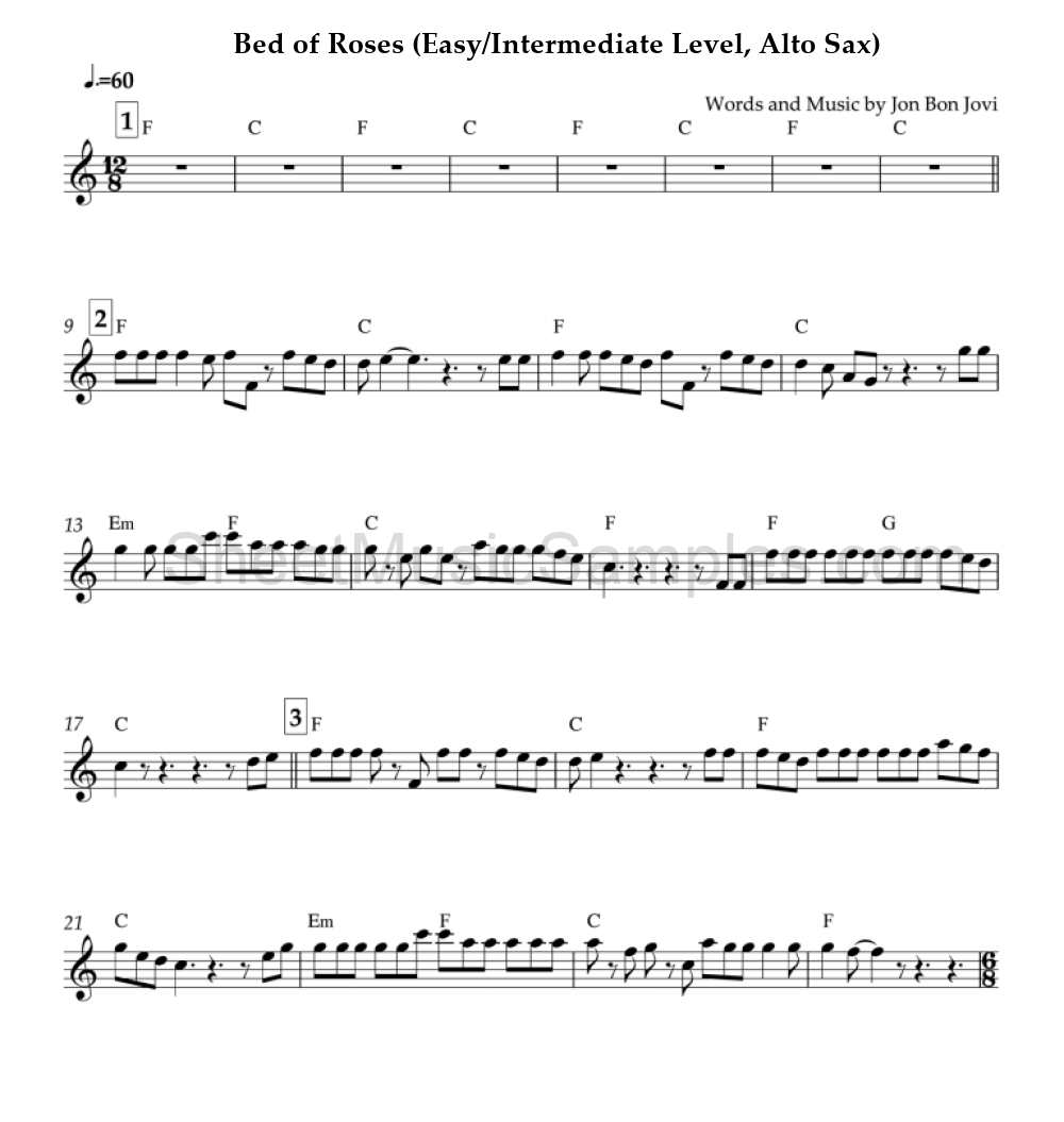 Bed of Roses (Easy/Intermediate Level, Alto Sax)