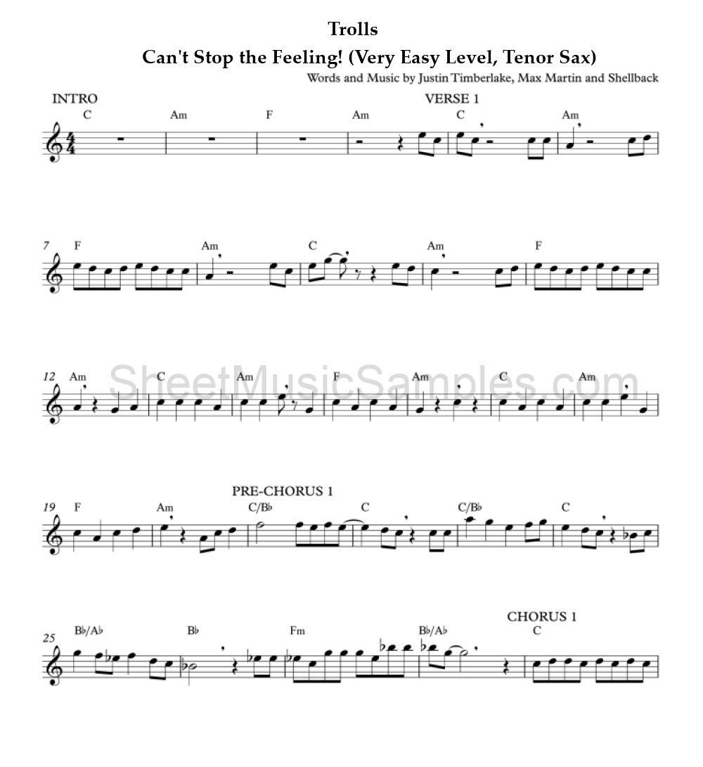 Trolls - Can't Stop the Feeling! (Very Easy Level, Tenor Sax)