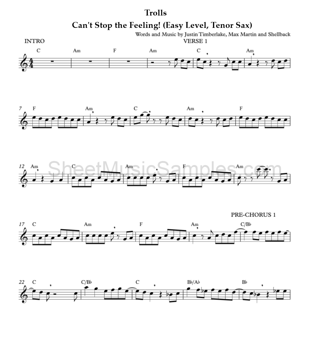 Trolls - Can't Stop the Feeling! (Easy Level, Tenor Sax)