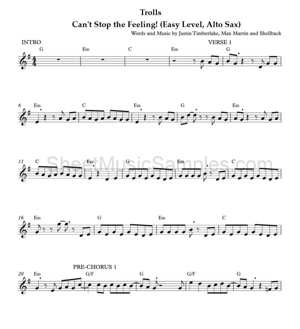 Trolls - Can't Stop the Feeling! (Easy Level, Alto Sax)