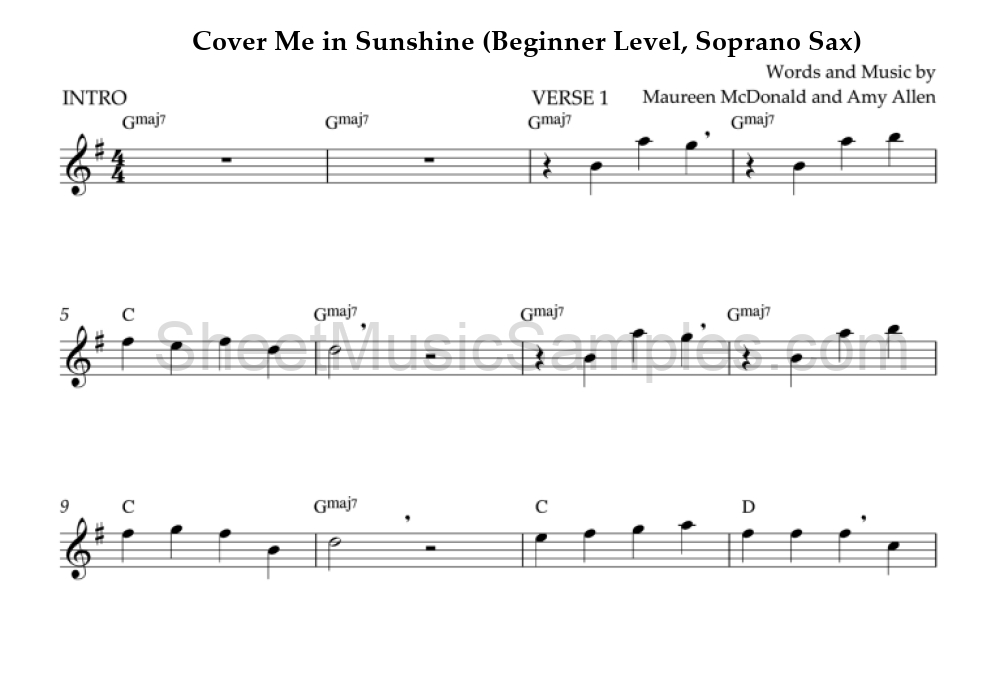 Cover Me in Sunshine (Beginner Level, Soprano Sax)