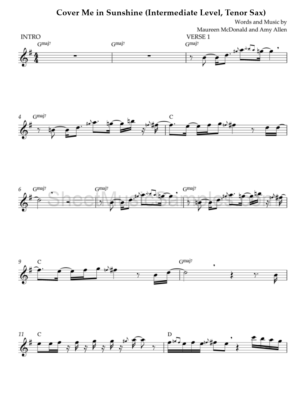 Cover Me in Sunshine (Intermediate Level, Tenor Sax)