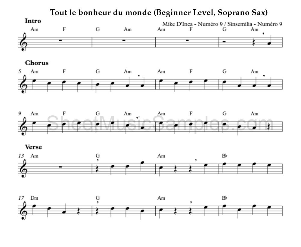 Tout le bonheur du monde (Beginner Level, Soprano Sax)