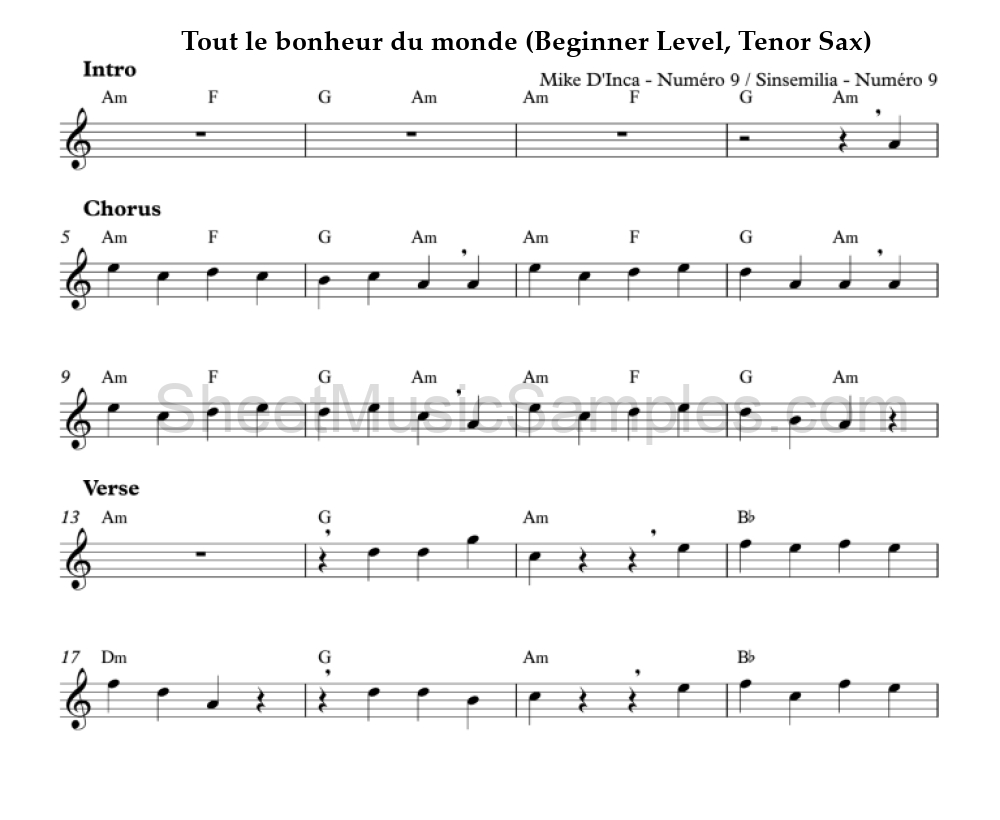 Tout le bonheur du monde (Beginner Level, Tenor Sax)