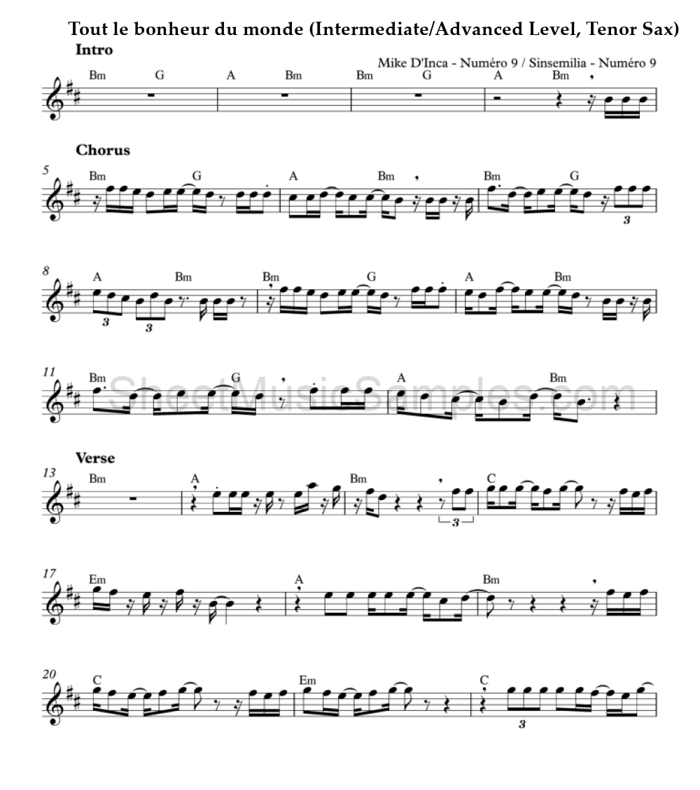 Tout le bonheur du monde (Intermediate/Advanced Level, Tenor Sax)