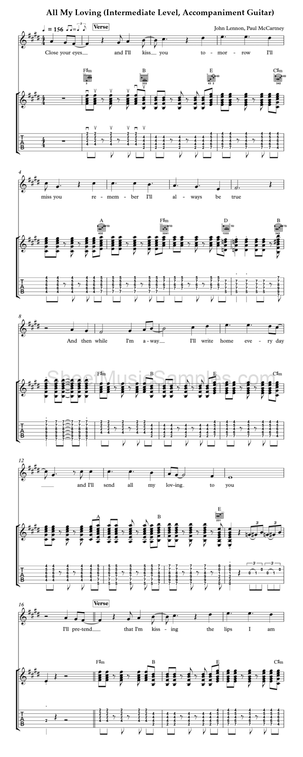 All My Loving (Intermediate Level, Accompaniment Guitar)