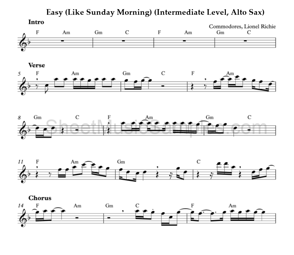 Easy (Like Sunday Morning) (Intermediate Level, Alto Sax)