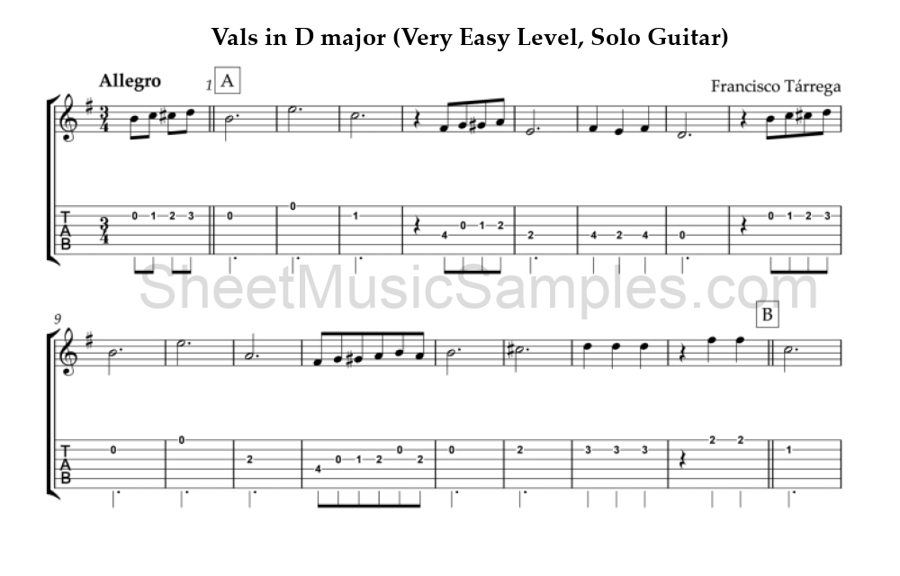 Vals in D major (Very Easy Level, Solo Guitar)