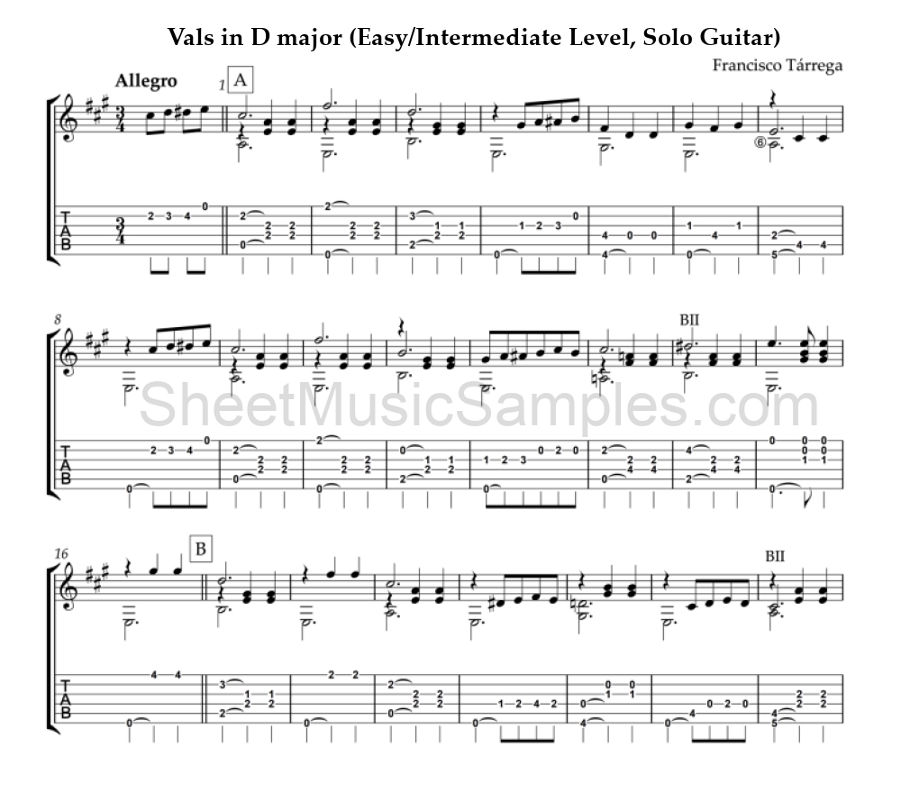 Vals in D major (Easy/Intermediate Level, Solo Guitar)