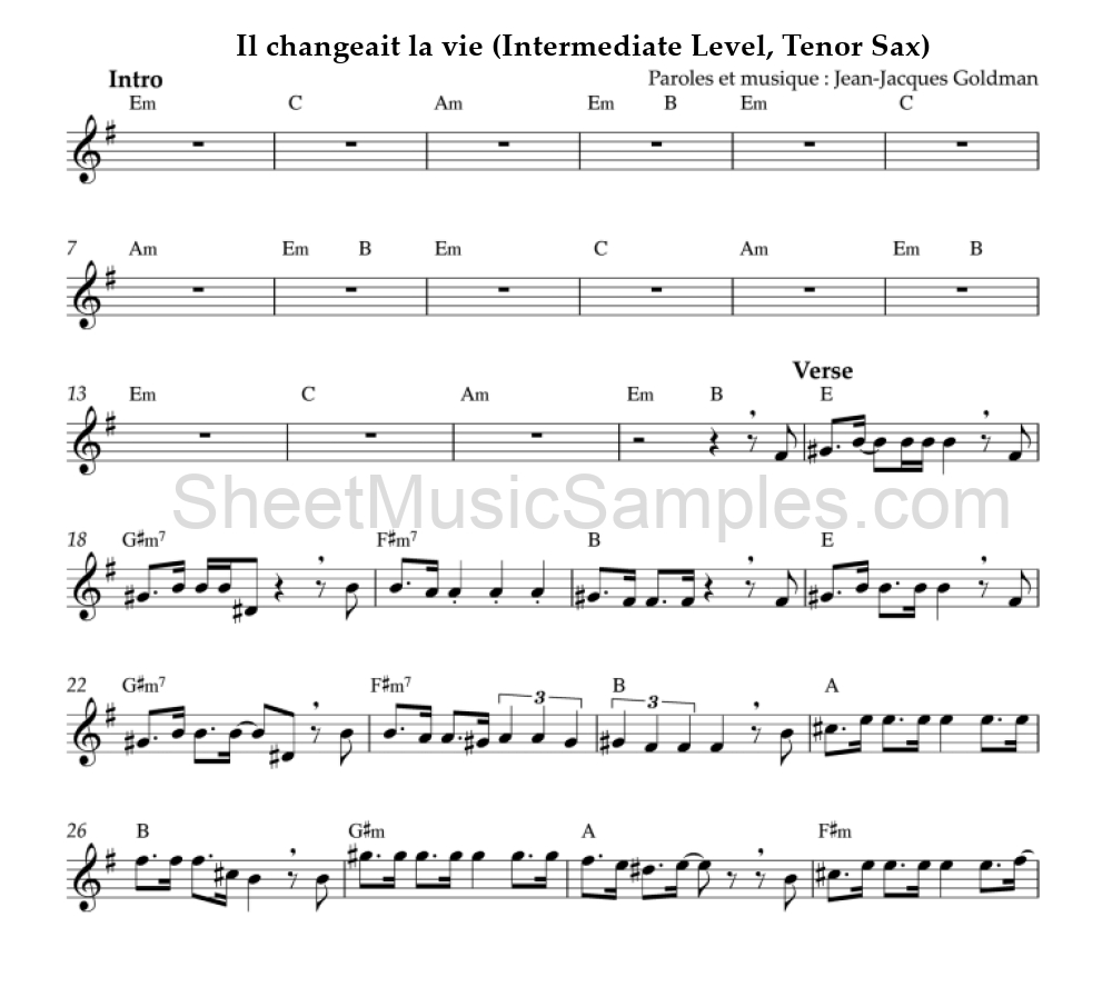 Il changeait la vie (Intermediate Level, Tenor Sax)