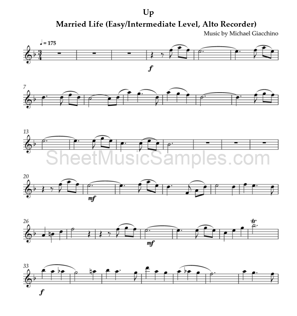 Up - Married Life (Easy/Intermediate Level, Alto Recorder)