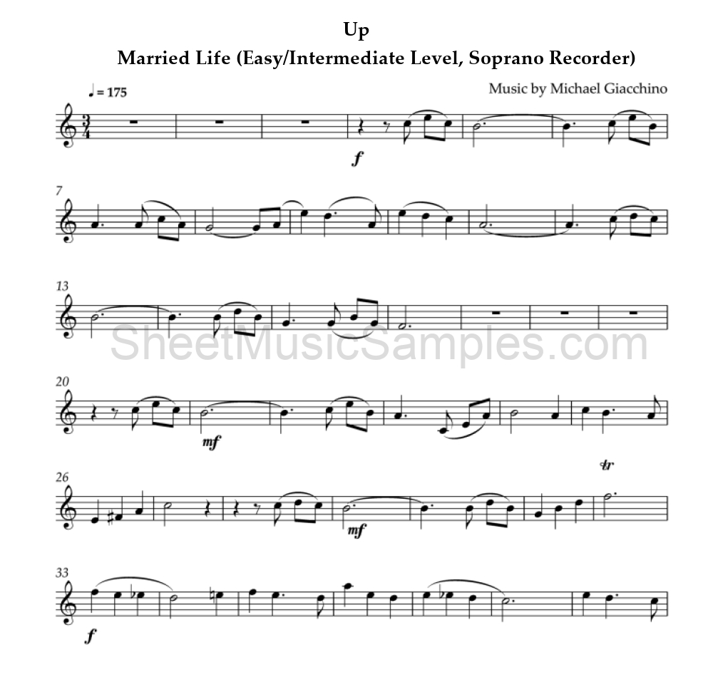 Up - Married Life (Easy/Intermediate Level, Soprano Recorder)