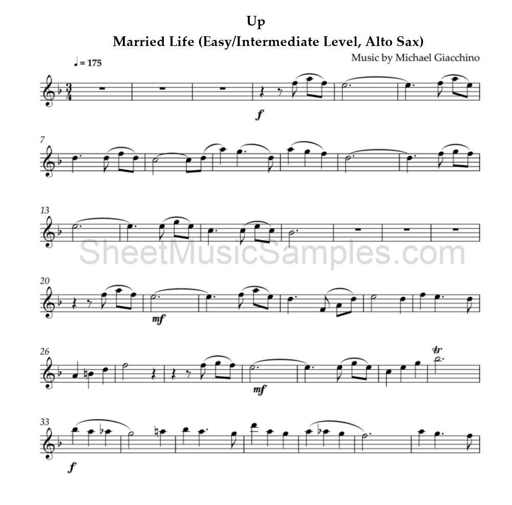 Up - Married Life (Easy/Intermediate Level, Alto Sax)