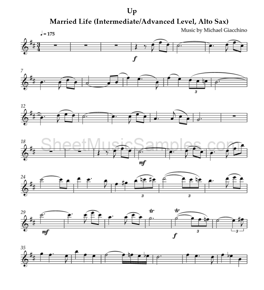 Up - Married Life (Intermediate/Advanced Level, Alto Sax)