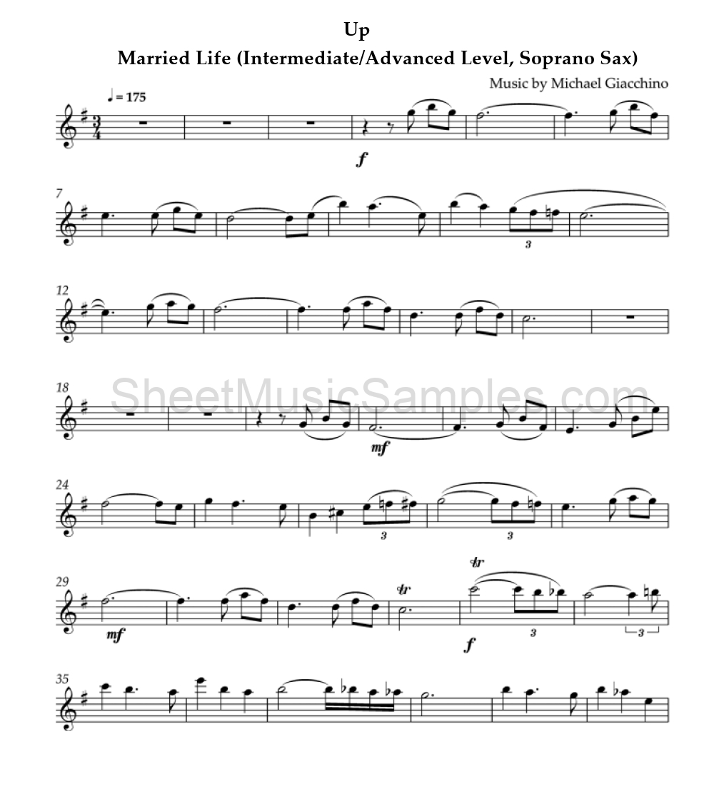 Up - Married Life (Intermediate/Advanced Level, Soprano Sax)