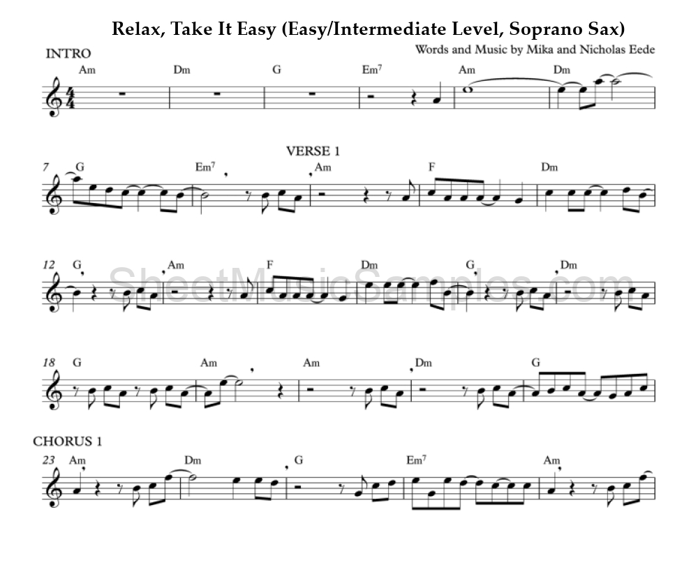 Relax, Take It Easy (Easy/Intermediate Level, Soprano Sax)