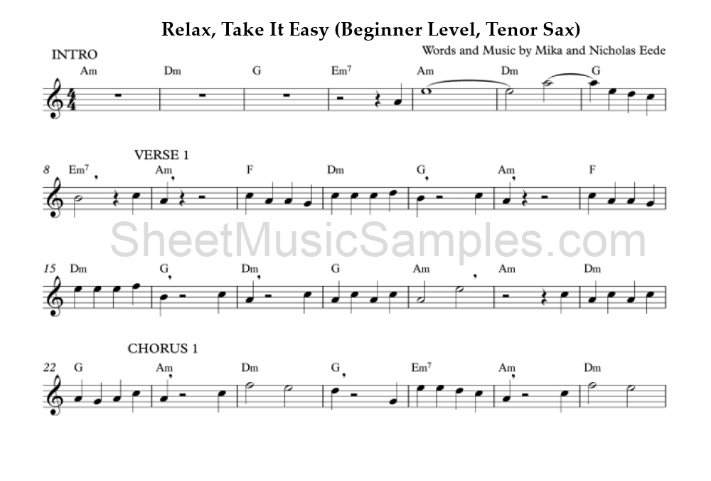 Relax, Take It Easy (Beginner Level, Tenor Sax)